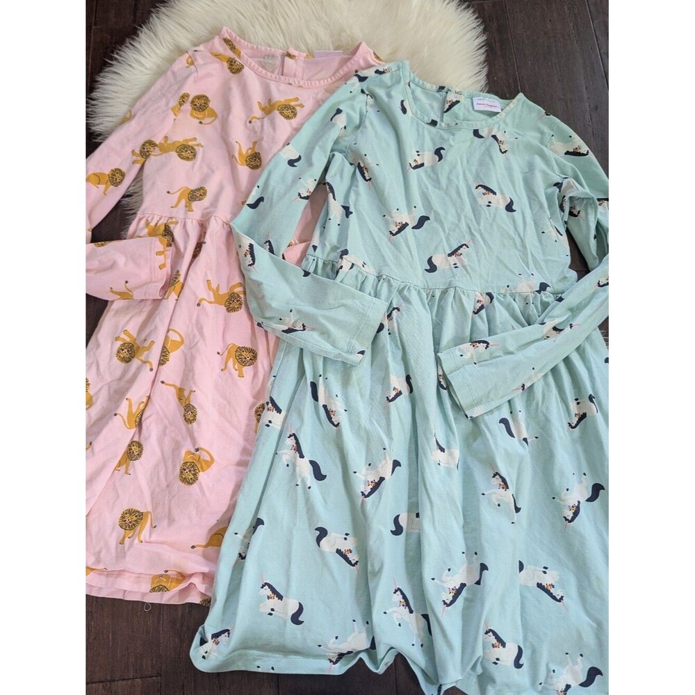 Bundle! 2 Hanna Andersson Long Sleeve Button Back Swing Dress 10 Lion Unicorn